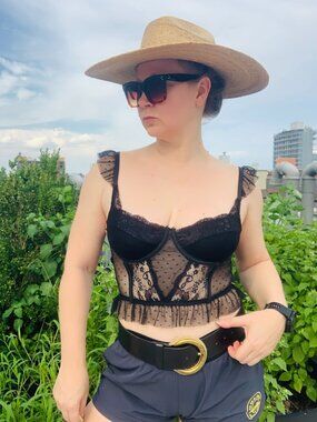 Anthro x Top Chic Polka Dot Mesh Embroidered Lace Crop Top Bodice Corset
